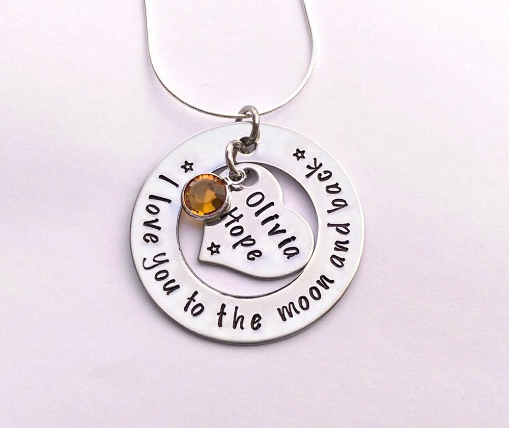 Hand stamped personalised I love you to the moon and back necklace (heart i
