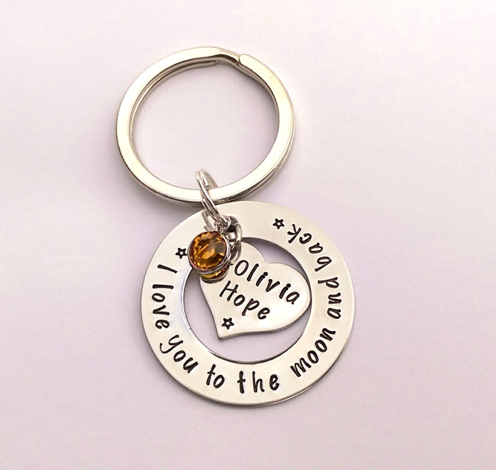 Hand stamped personalised I love you to the moon and back keyring (heart in