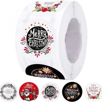 Christmas Stickers Black/red Round  2.5cm Dia., 1 Roll various design (500 stickers/Roll)