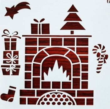 Christmas Fireplace and Gifts Pattern Stencil - White 13cm x 13cm