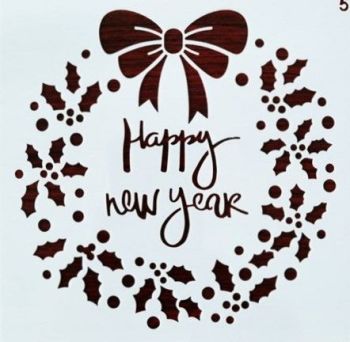 Christmas Wreath and "Happy New Year" Pattern Stencil - White 13cm x 13cm