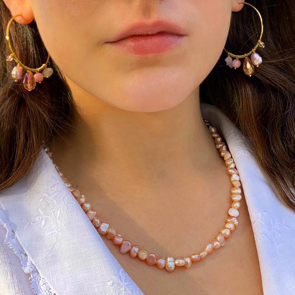 Pink Pearl & Stone Hoop Earrings