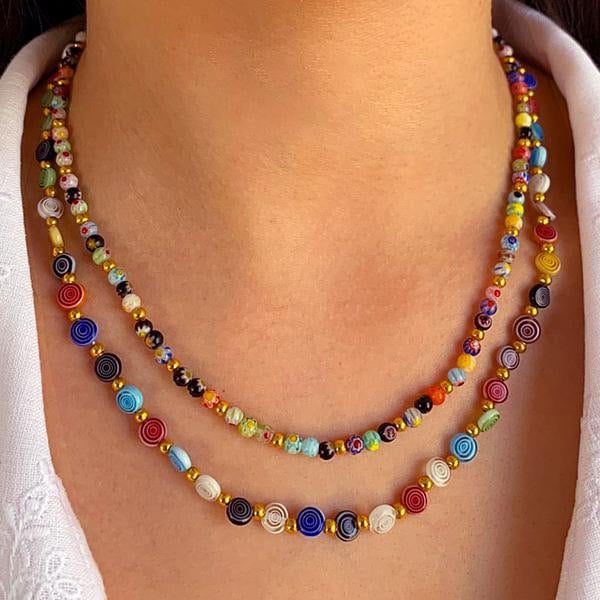 Rainbow Spiral Glass Bead Necklace