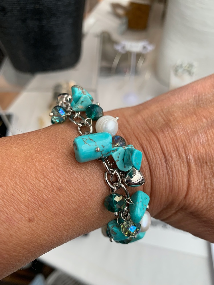 Turquoise Multi Pearl Stone Charm Bracelet 