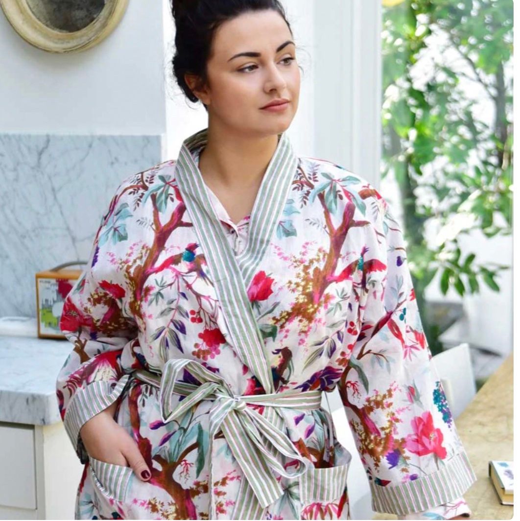 Cream Bird Kimono Dressing Gown- FREE GB POST