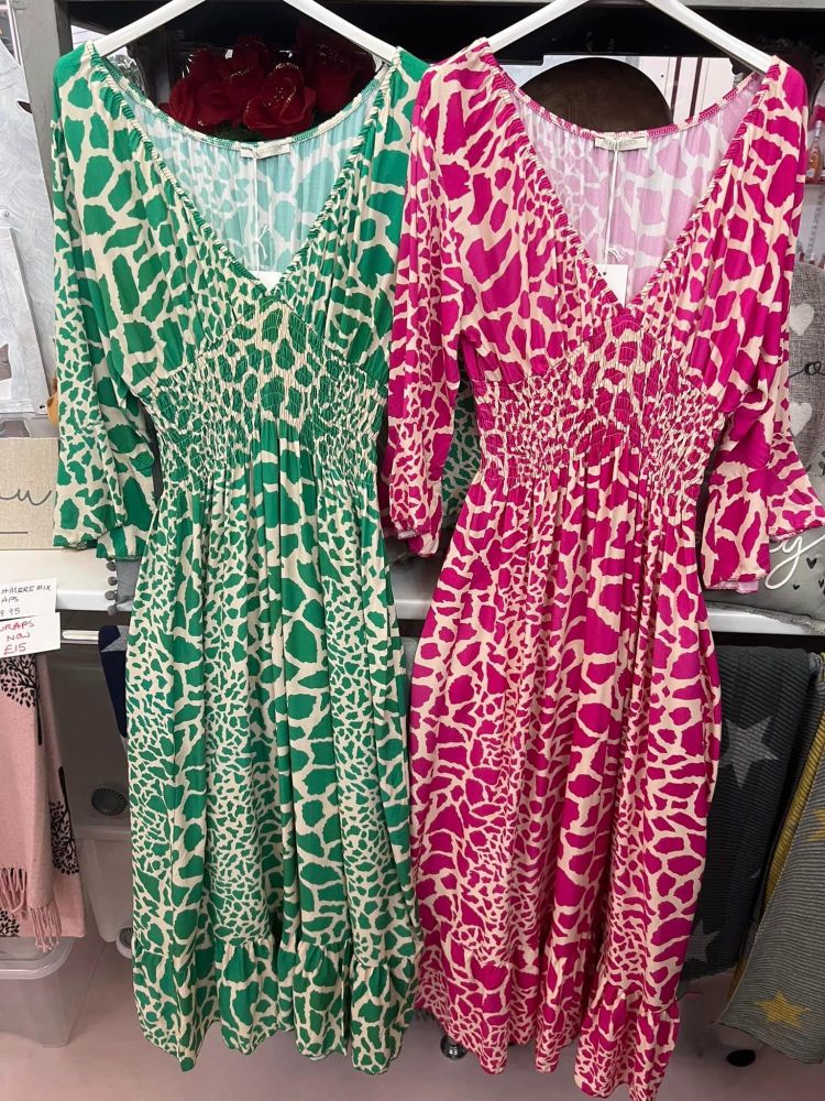 Giraffe Pattern Shirred V Neck Dress - MORE COLOURS AVAILABLE