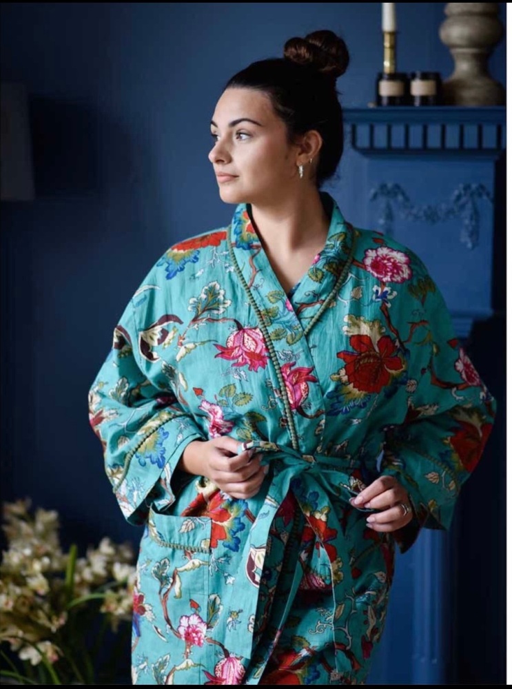 Teal Floral Exotic Bird Kimono Dressing Gown