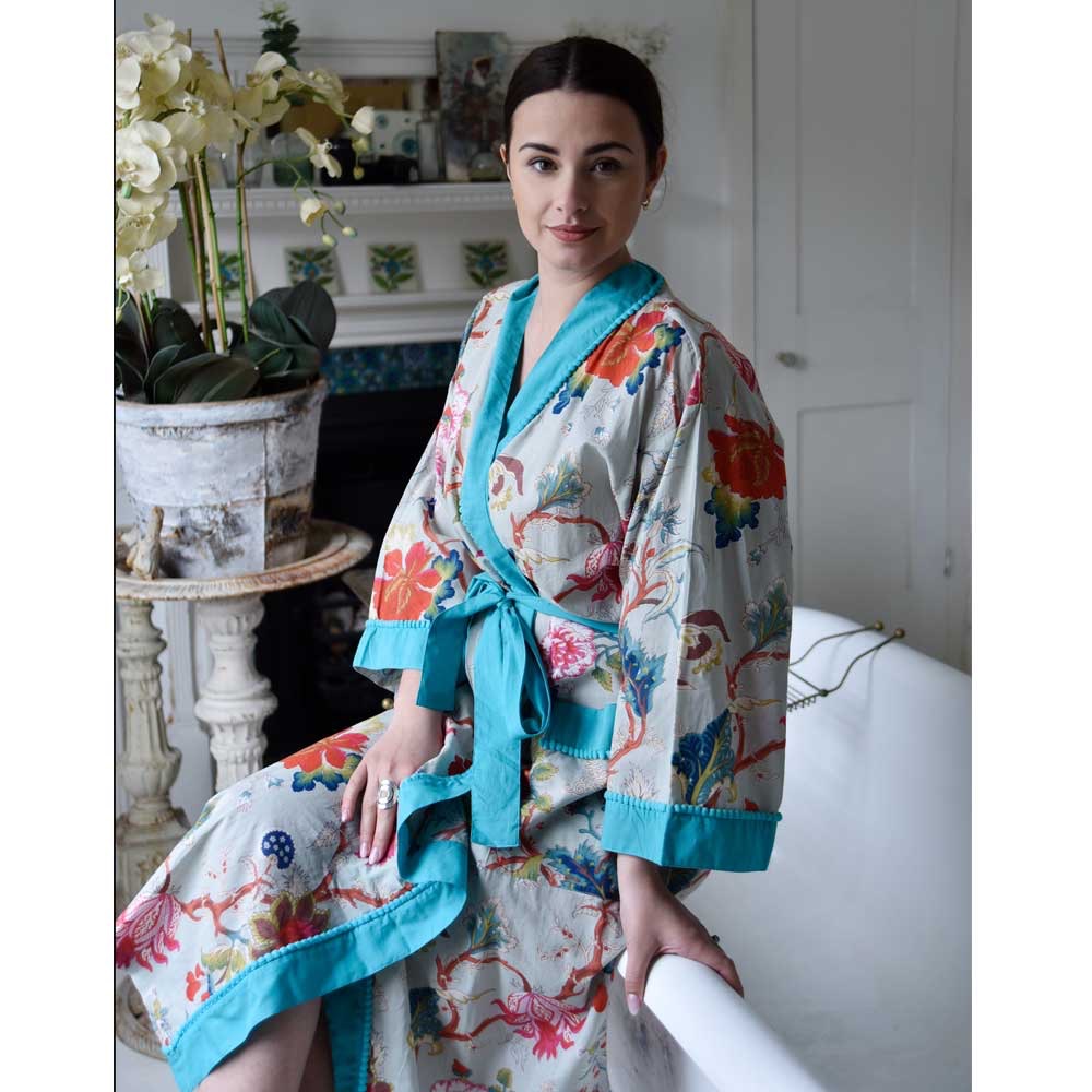 Blue Exotic Flower Kimono Dressing Gown