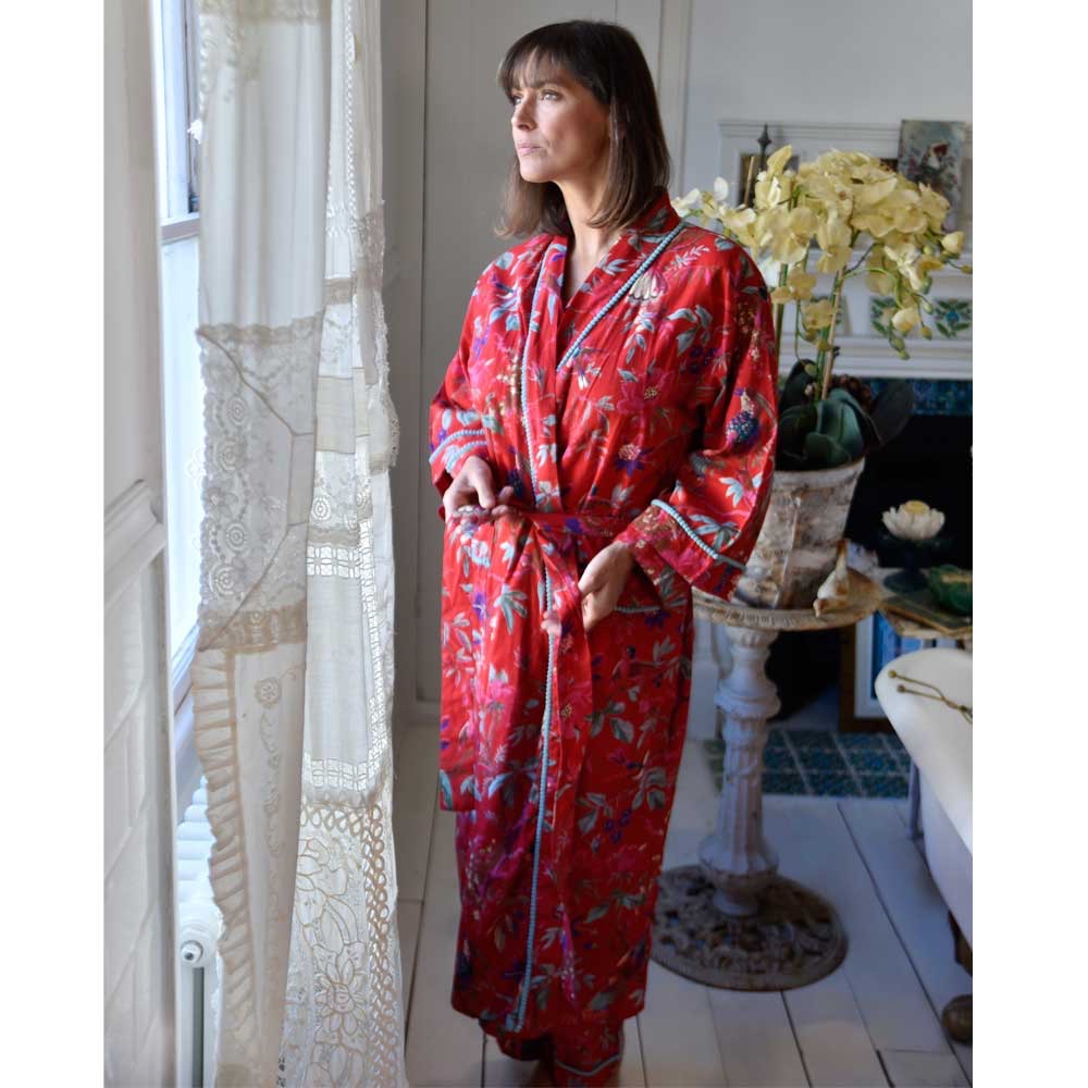 Red Floral Exotic Bird Kimono Dressing Gown