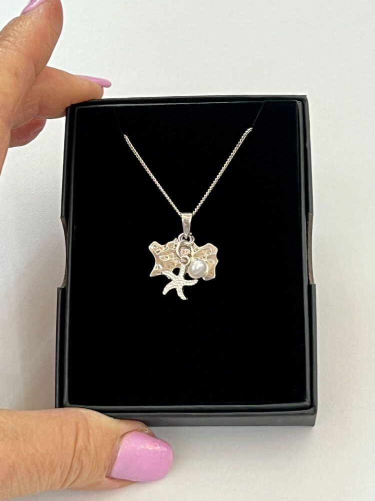 Jersey Map Starfish & Pearl Cluster Pendant 925