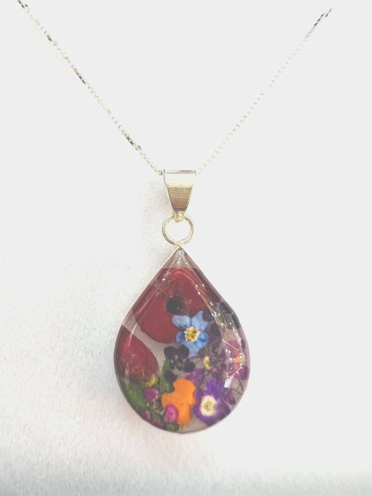 Mixed Flower Teardrop Pendant Medium 925