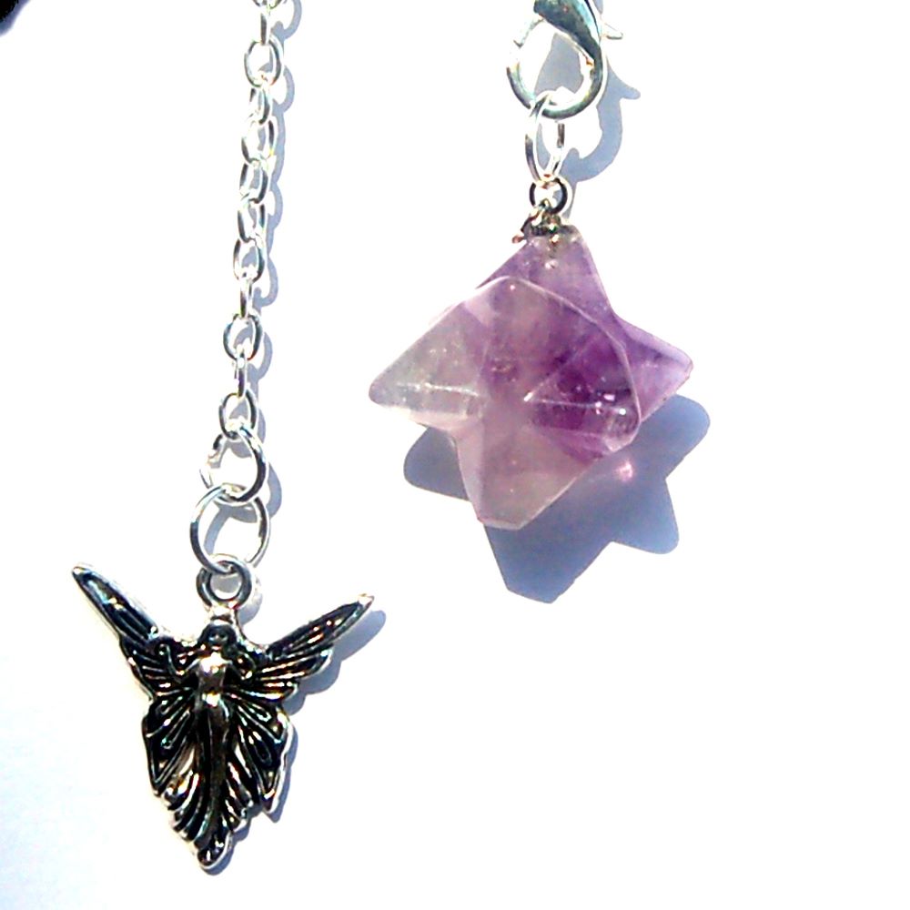 Powerful Small Carved Amethyst Crystal Merkabah Pendulum and Angel Chain