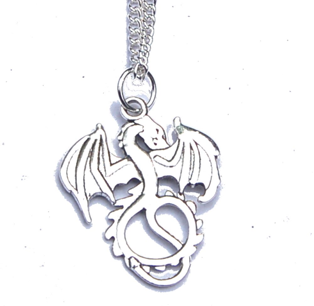 LARGE Silver Tone Dragon Pendant on Chain Boxed Gift FREE SHIP UK