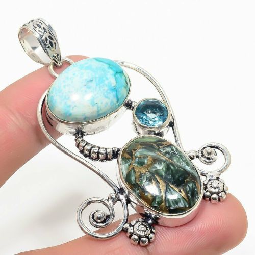 Seraphinite & Chrysocolla 925 Silver Crystal Pendant Sacred Sound Inner Chi