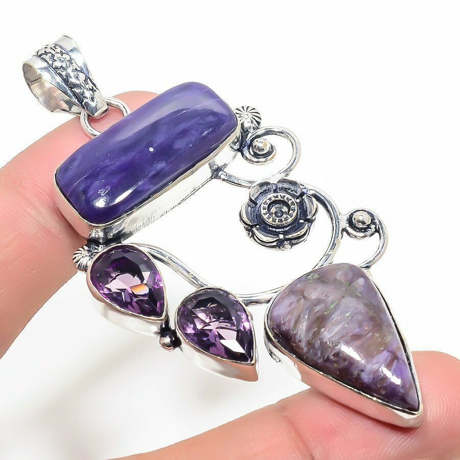 Very Large Russian Charoite & Amethyst  Crystal Gemstone 925 Sterling Silver Jewelry Pendant Size 3  Boxed Gift