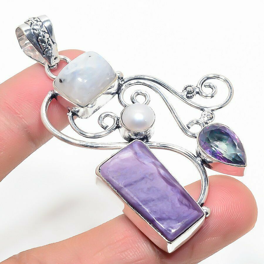 Very Large Russian Charoite & Moonstone  Crystal Gemstone 925 Sterling Silver Jewelry Pendant Size 3  Boxed Gift