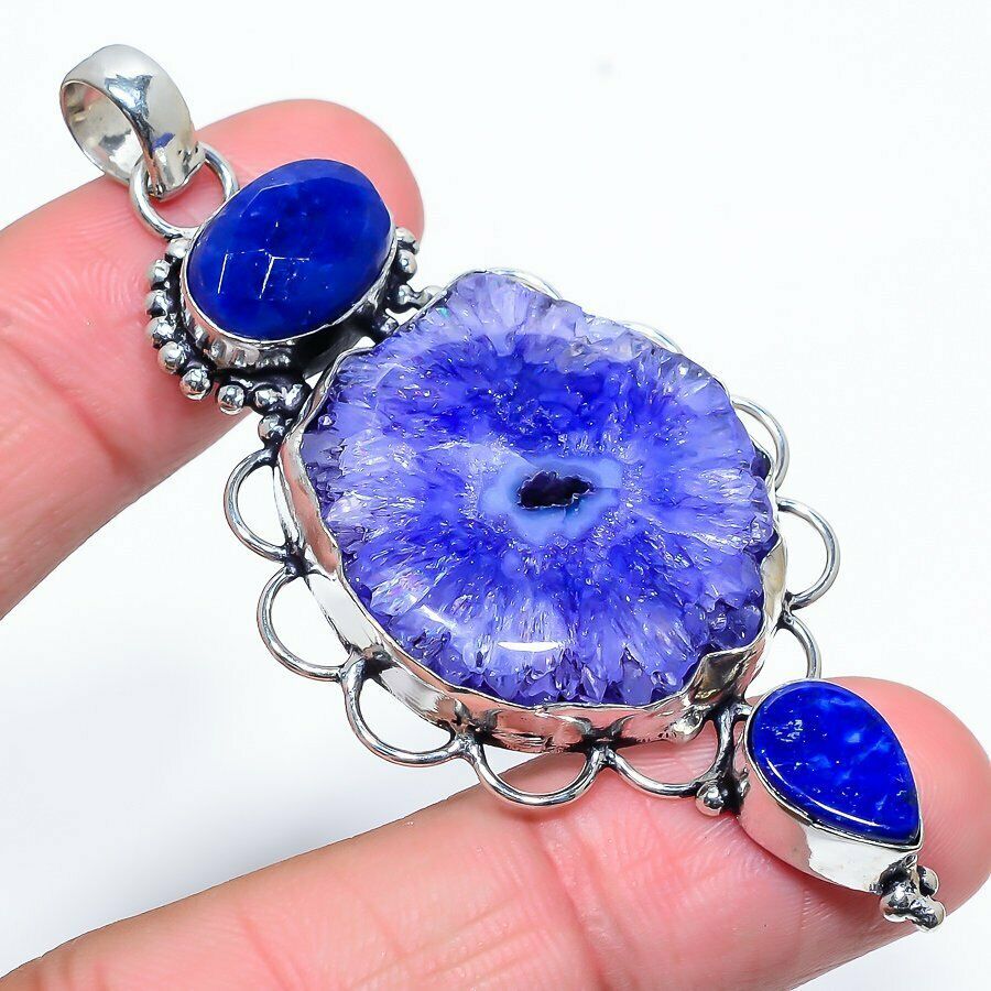 Very Large Solar Quartz & Lapis Lazuli = 925 Sterling Silver Jewelry Crystal  Pendant Size 2.92 Crystal   Boxed Gift