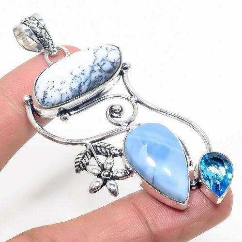 Very Large Merlinite Dendritic Agate Topaz and Blue Lace Agate 925 Silver