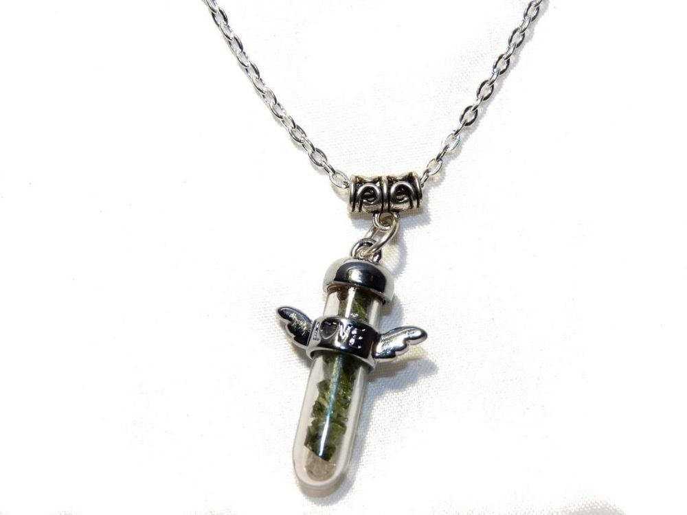 Authentic Moldavite and Herkimer Crystal Glass Vial Guardian Angel Pendant 