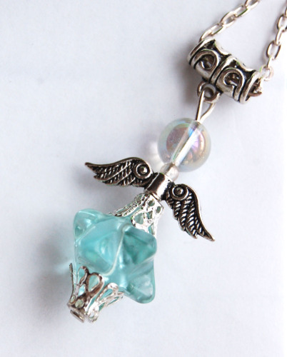Amazing Blue Obsidian Glass Merkaba & Angel Aura Bead Crystal Angel Pendant