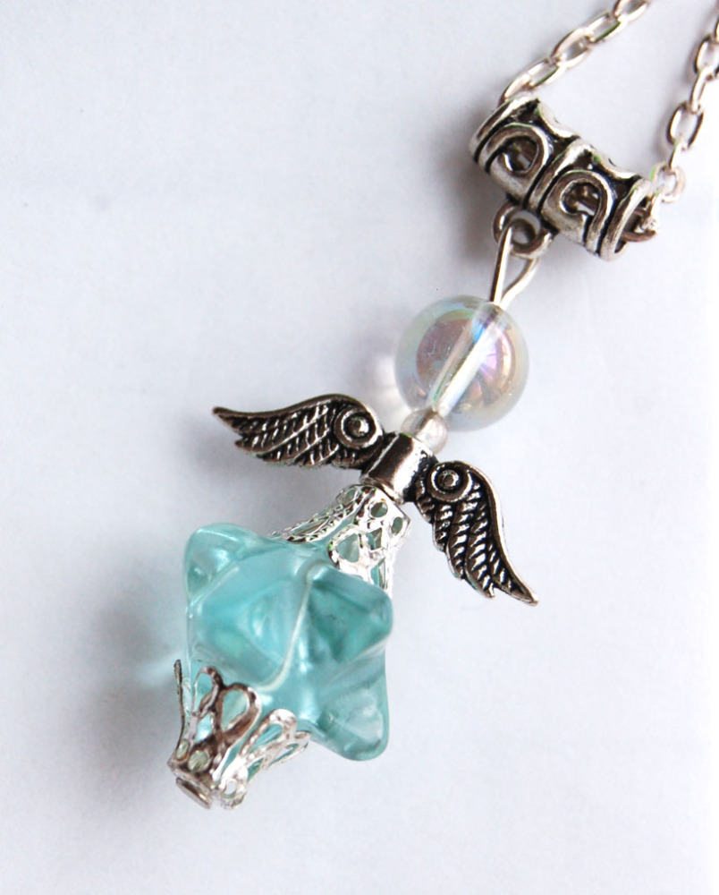 Amazing Blue Obsidian Glass Merkaba & Angel Aura Bead Crystal Angel Pendant