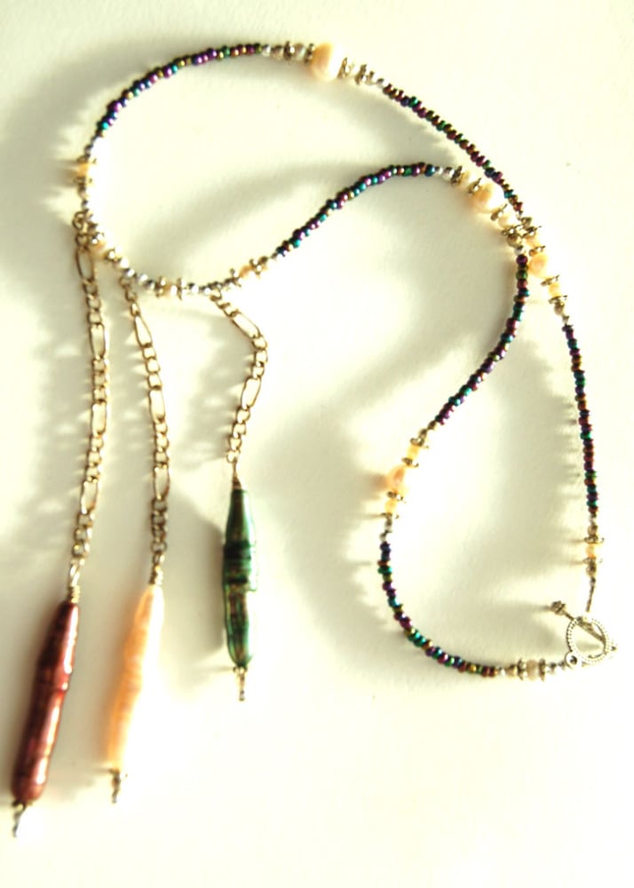 Biwa Pearls, Freshwater Pearls Crystal Necklace Handcrafted N33