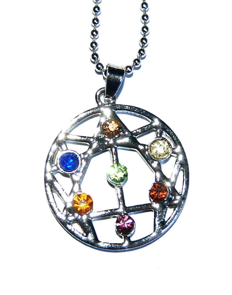 Pretty Crystal Chakra Colours Open Star of David Pendant Silver Plated & Ch