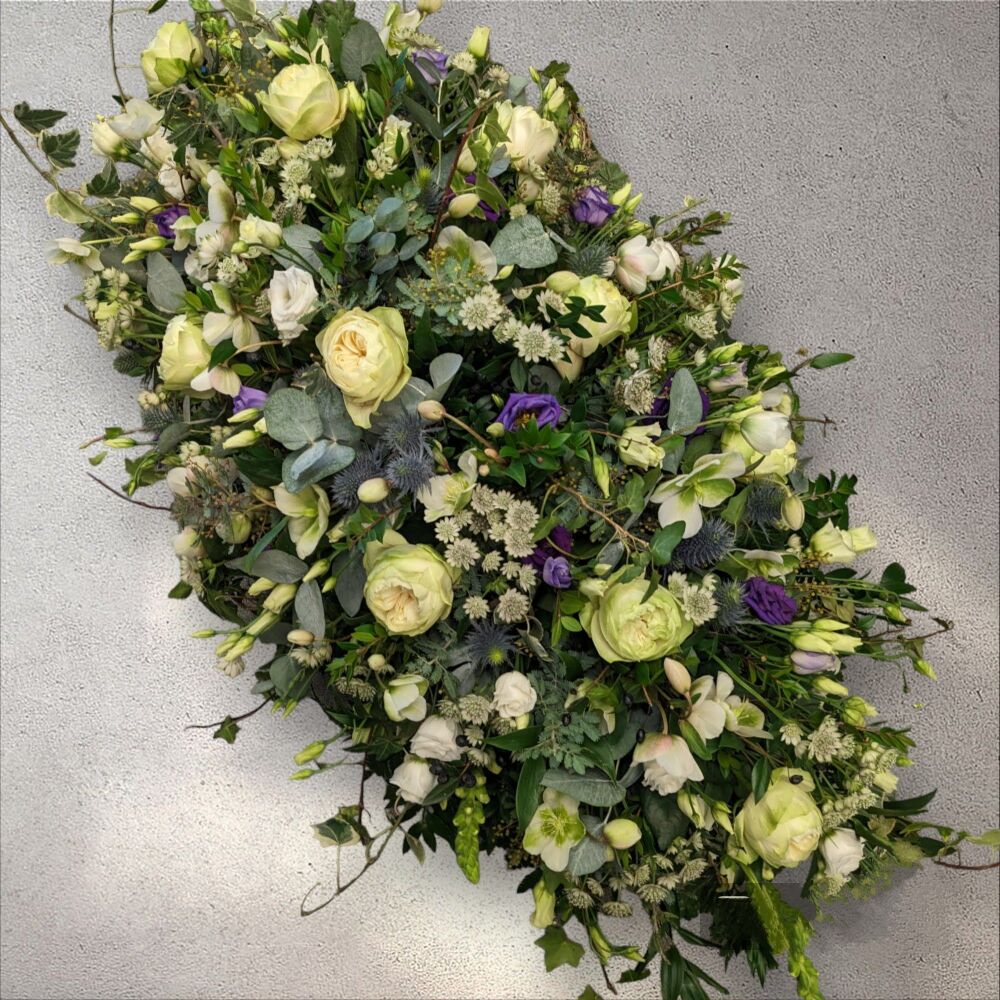Natural whites and greens coffin spray