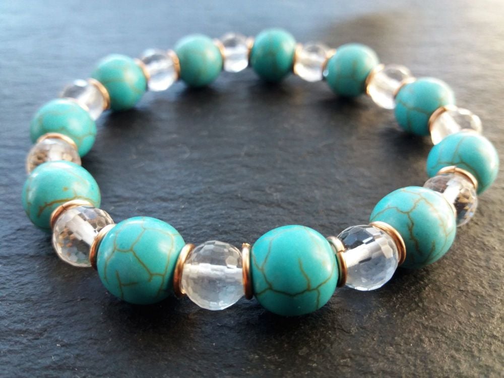 "Calm Collection"  Clear Crystal Quartz, Turquoise and Solid Bronze Bracelet