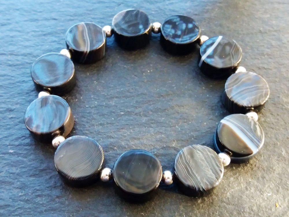 "Calm Collection " Banded Agate Coins and Sterling Silver Bracelet