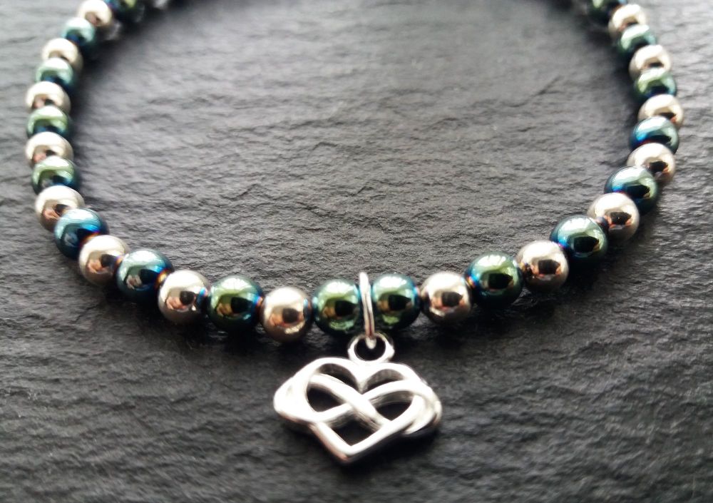 "Calm Collection" Celtic Heart Charm Hematite, Stirling Silver Bracelet