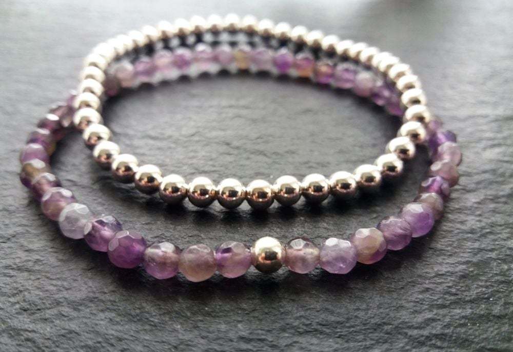 "Calm Collection" Sterling Silver and Amethyst Stacking Bracelets