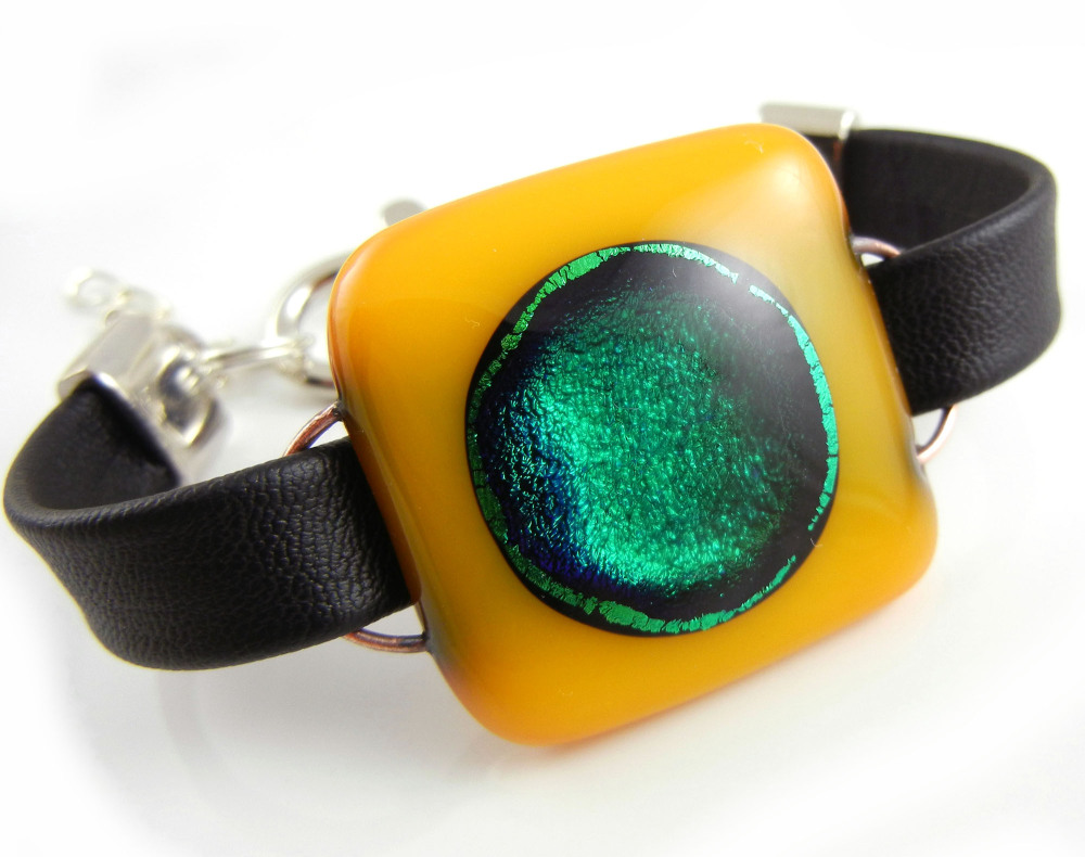 Orange Glass Leather Bracelet - ZMB051 - Crater Collection