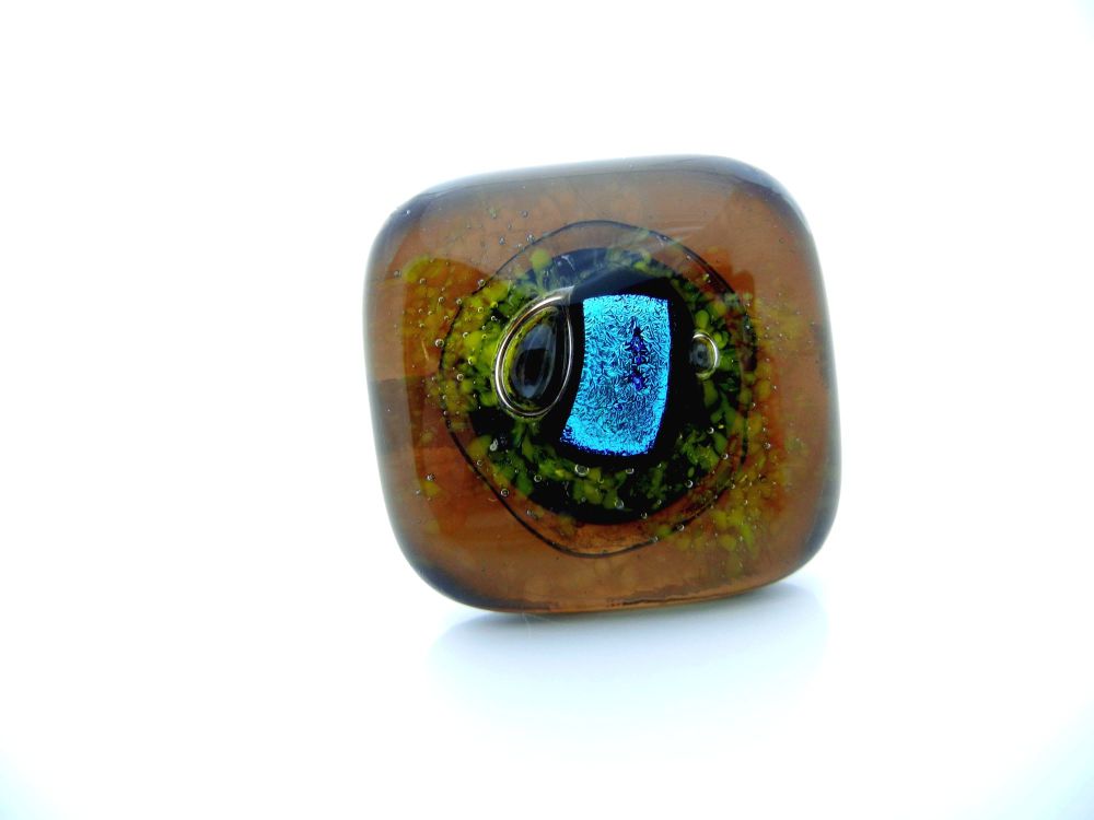 Brown/Yellow/Teal Fused Glass Ring - ZMR011