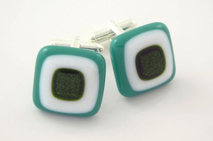 Teal Green/White/Sparkling Green Cufflinks - CufZM029 - Retro Cufflinks Collection