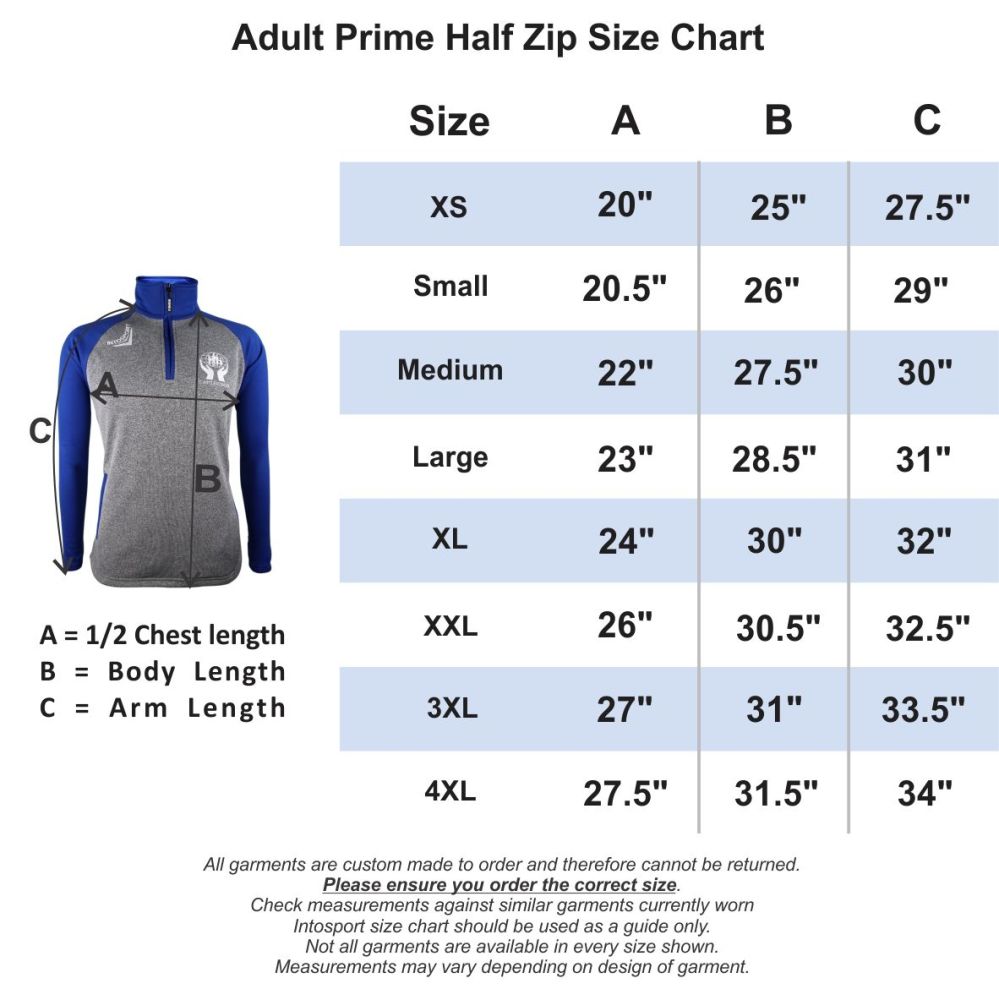 Half Zip Sizing