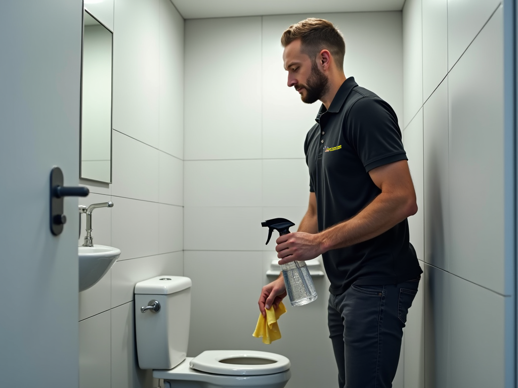 Uniformed commercial cleaner sanitising a workplace toilet with spray bottle and cloth