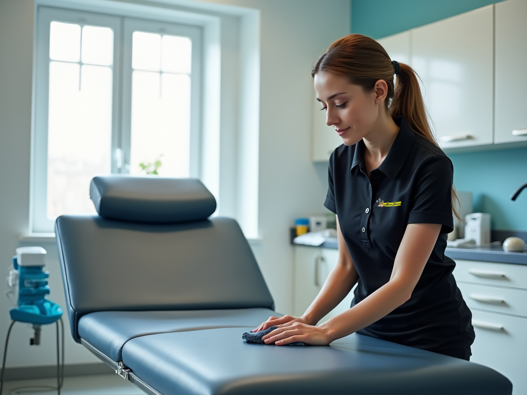 DBS-vetted cleaner sanitising a treatment couch in a Newark clinic using professional-grade disinfectants