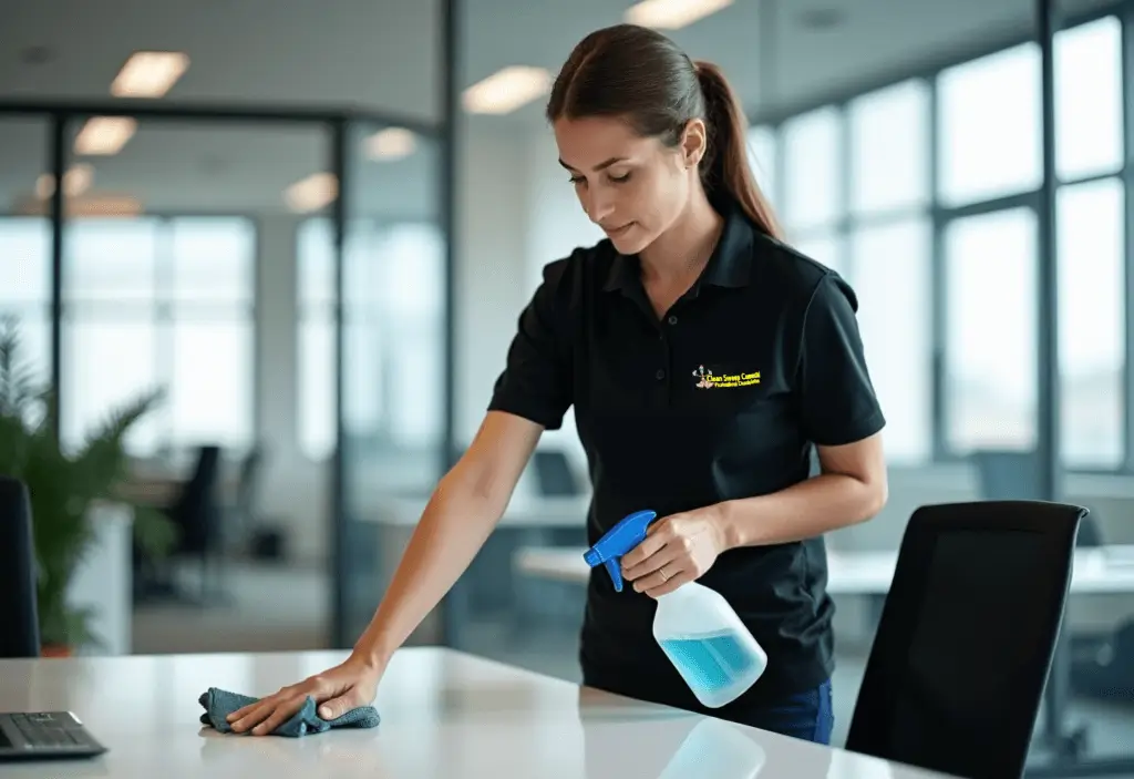 Uniformed cleaner wiping a desk in a modern Lincoln office, delivering professional office cleaning services that keep workplaces clean, safe, and presentable