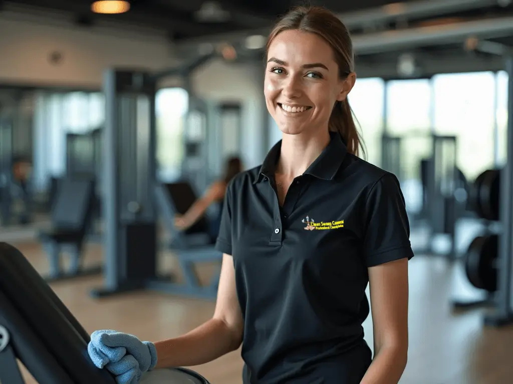 Uniformed cleaner sanitising gym equipment at a leisure centre in Lincoln