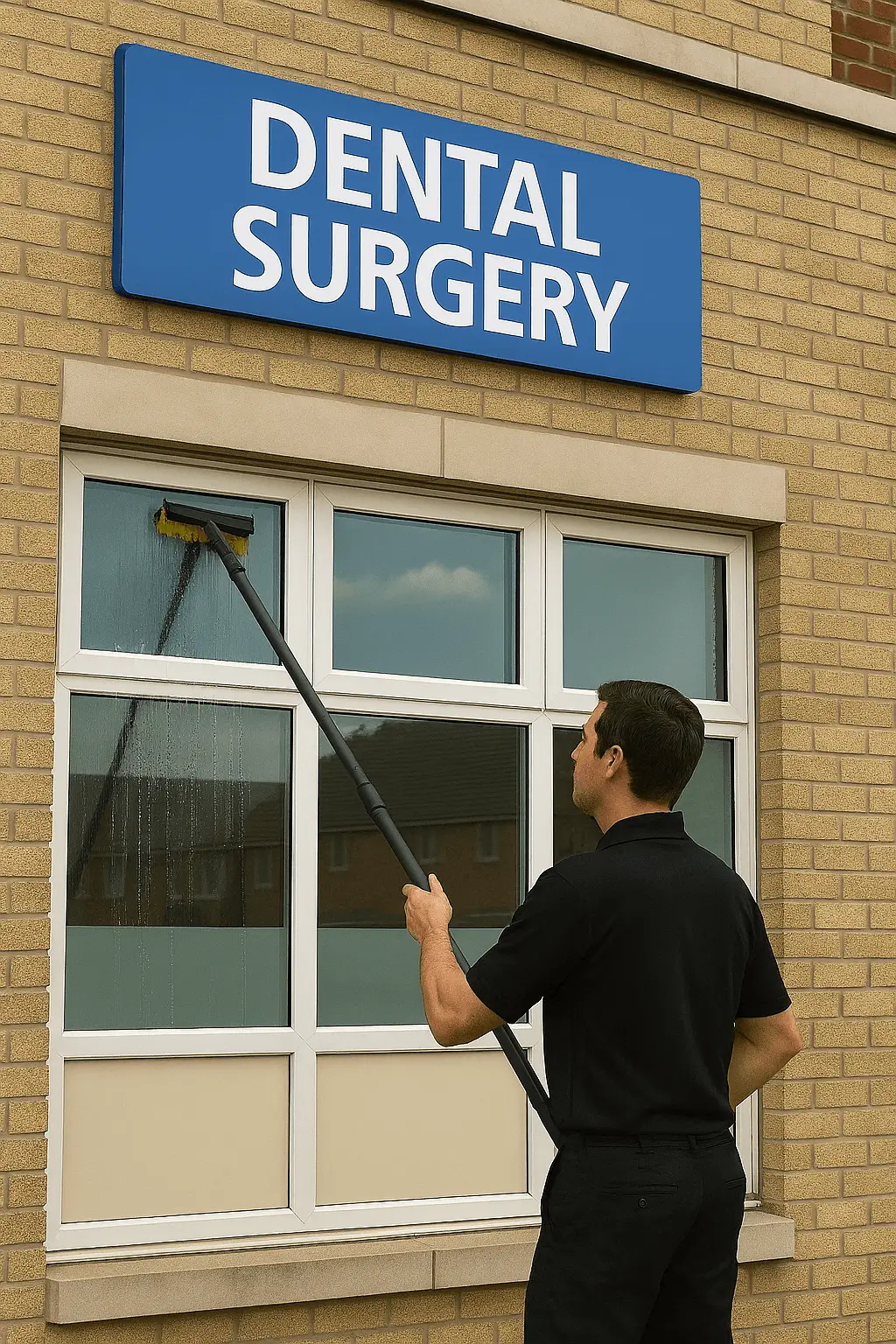 Cleaner washing exterior windows at a Lincoln dental surgery â€” streak-free window cleaning for commercial sites