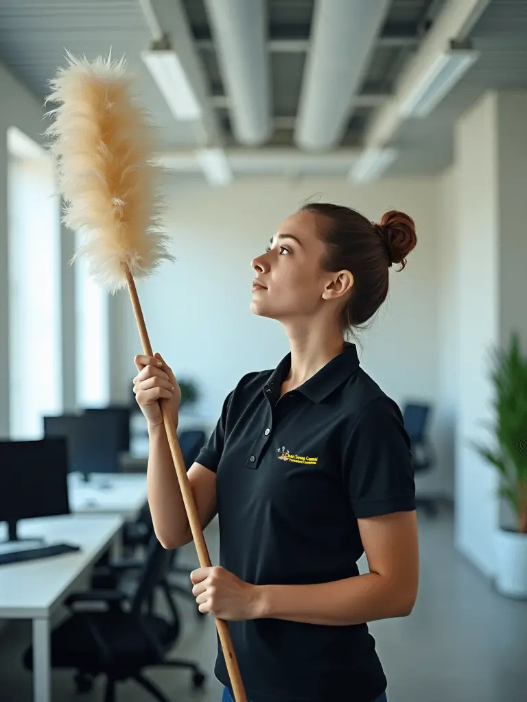 DBS-vetted office cleaner holding a feather duster while preparing for a commercial clean in a modern workspace