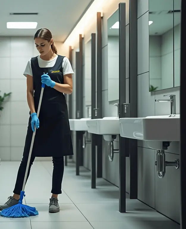 Cleaner mopping a washroom floor in a Lincoln leisure facility â€” hospitality and leisure cleaning for spotless restrooms