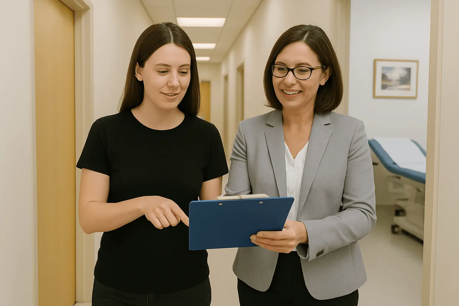 Practice manager reviewing cleaning compliance checklist with client in Lincoln medical facility