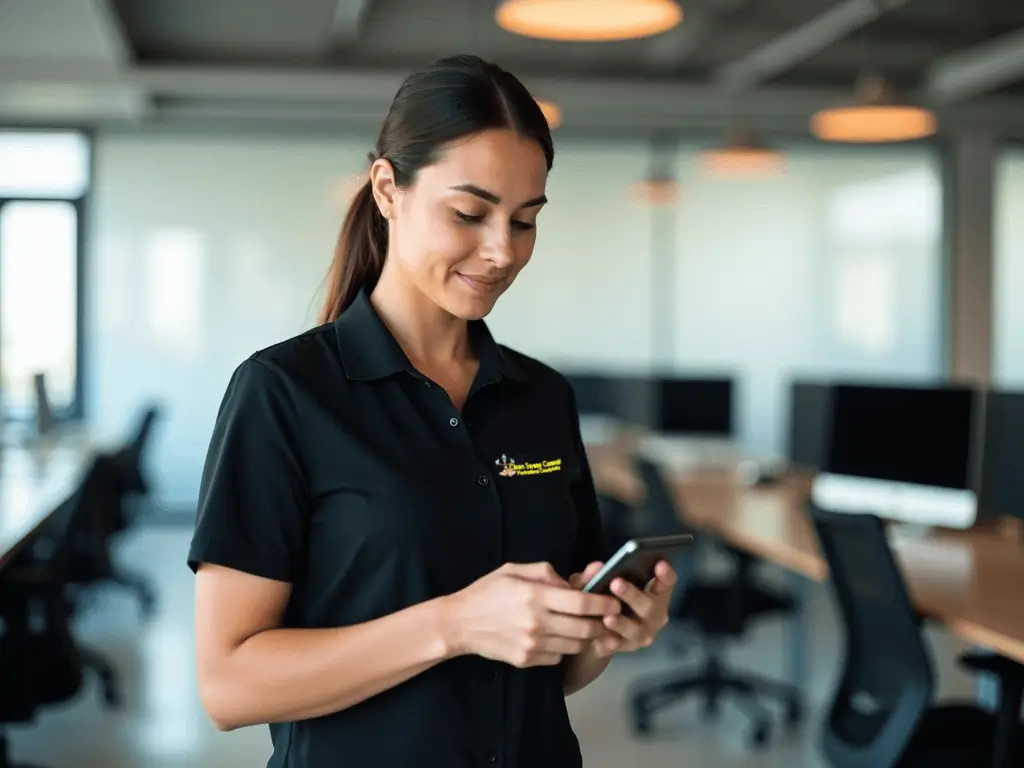 Cleaning supervisor reviewing completed commercial cleaning tasks on a mobile device