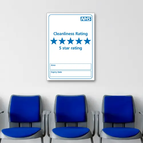 NHS cleanliness rating poster showing 5-star rating in a medical waiting room