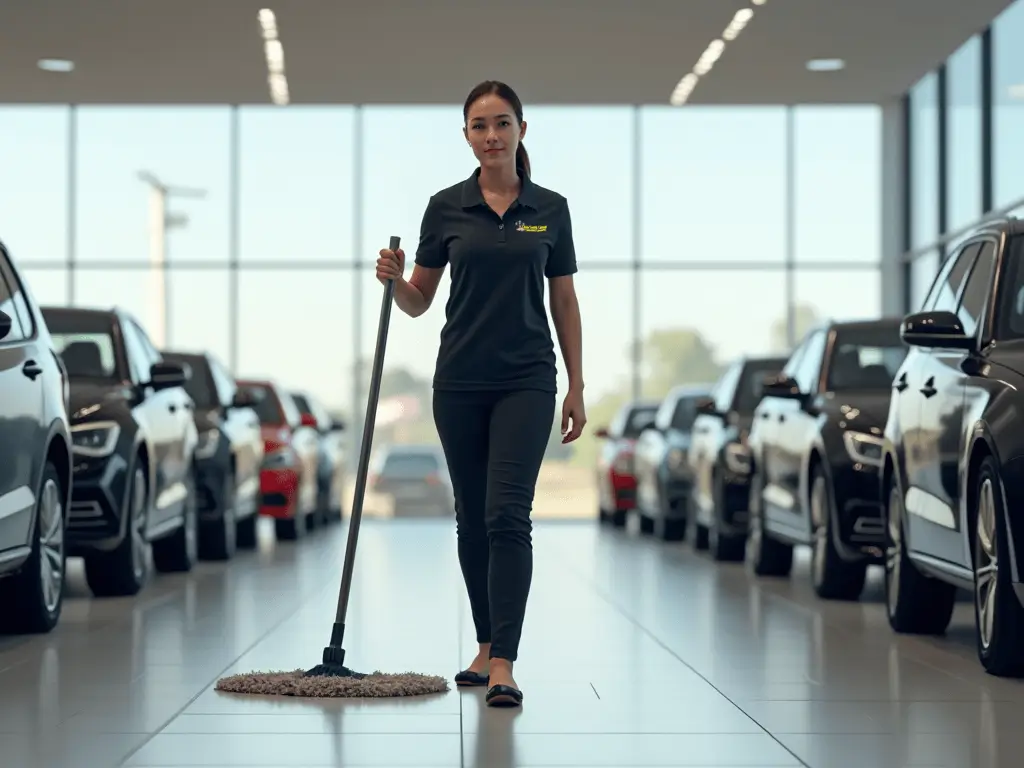 Uniformed cleaner mopping showroom floor in a Lincoln car dealership, ensuring a spotless environment between rows of display vehicles