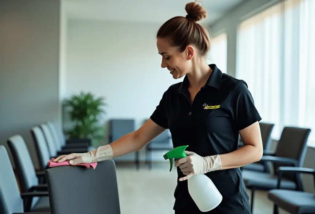Uniformed cleaner sanitising chairs in a hospitality venue in Lincoln