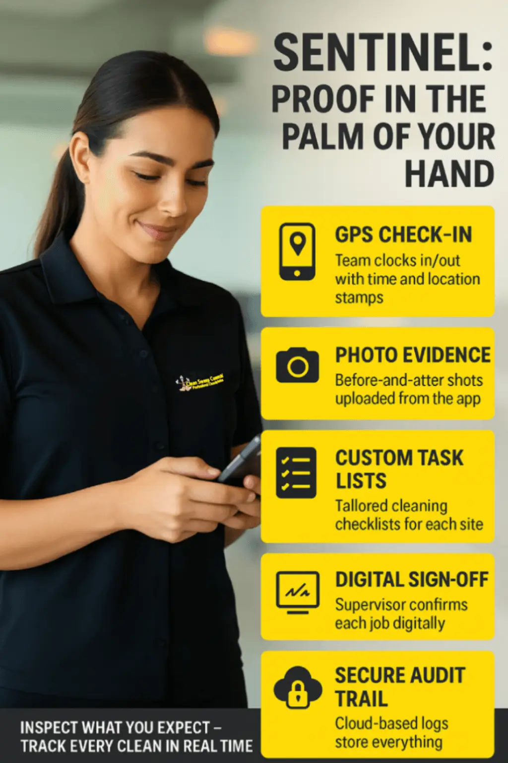 Cleaner using Sentinel app with GPS check-in, photo evidence, task lists, sign-off and secure audit trail in Lincoln