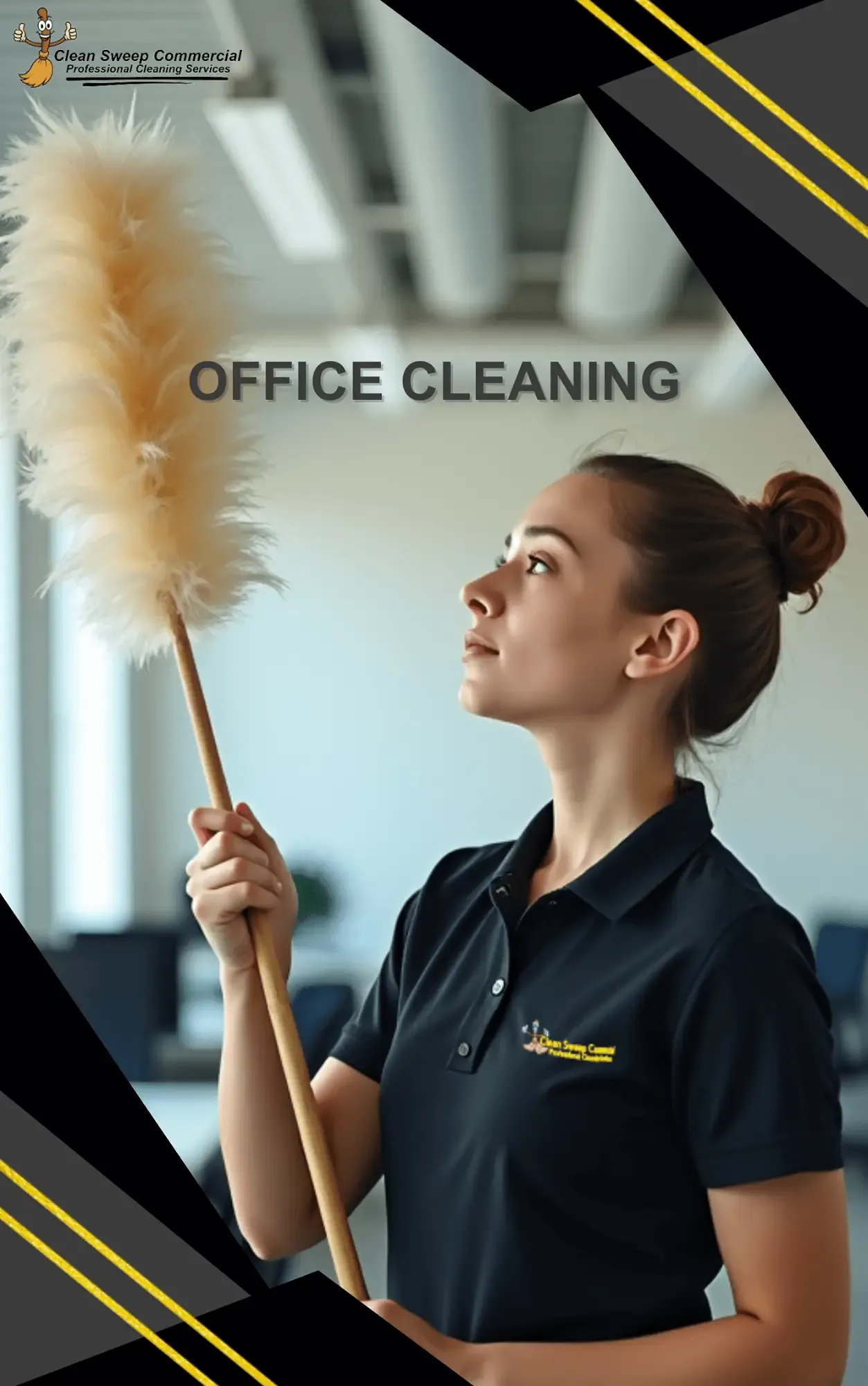 Uniformed cleaner holding a duster in a modern Lincoln office â Clean Sweep Commercial Office Cleaning brochure cover